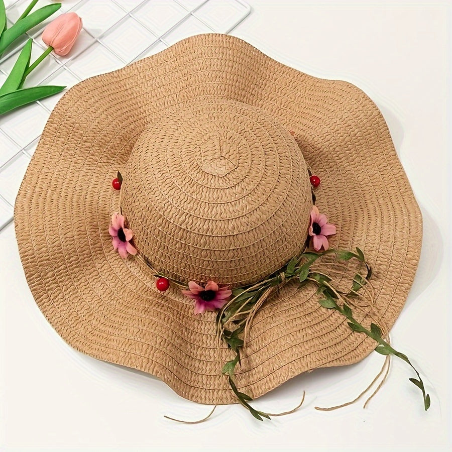 Stråhatt i Raffia – Solhatt Med Blommig Kant Och Band