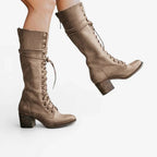 Knähöga Stövlar för Dam i PU | Snördesign med Mycket Hög Blockklack | Vinter- och Vardagsskor | Olsson