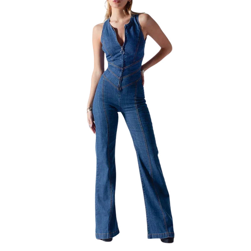 Högmidjad Denim Jumpsuit - Ärmlös V-Ringad Hellång Sommaroverall
