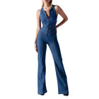 Högmidjad Denim Jumpsuit - Ärmlös V-Ringad Hellång Sommaroverall