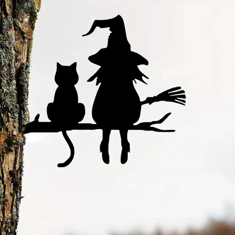 Häxa och Katt Trädgårdssiluett i Järn | Grendesign med Markstake | Utomhusdekoration för Halloween | Olsson