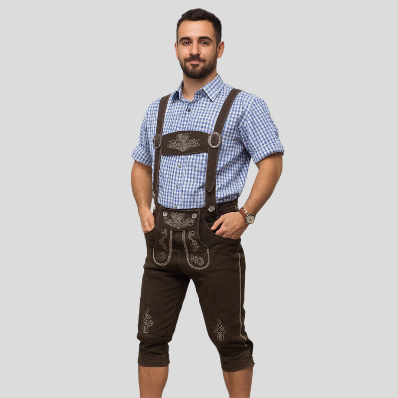 Herr Knälånga Byxor i PU-Läder | Strukturerad Passform med Tryckta Detaljer | Sidofickor för Oktoberfest & Event | Olsson