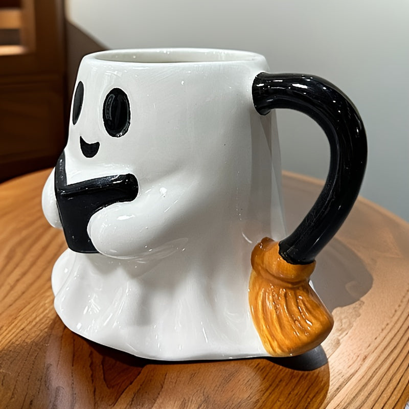 Halloweenmugg i Keramik med Spökdesign | Rund 280 ml Mugg med Spöke som Håller en Bok | För Varma och Kalla Drycker | Olsson