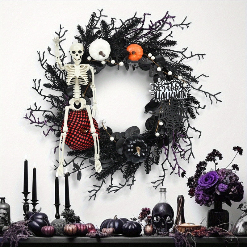 Halloweenkrans i Plast | Hängande Skelett- och Pumpadekoration | För Dörr Vägg & Täckt Utomhusmiljö | Olsson
