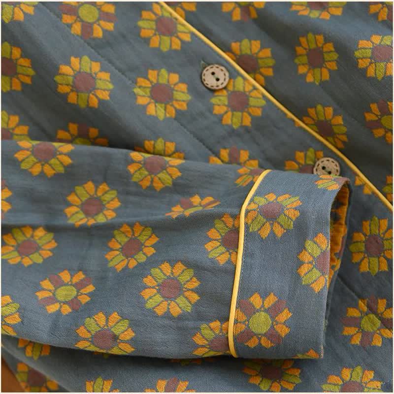 Bomullsnattkläder | Nattklädes-Set Med Reverskrage & Solrosmönster – Komfortabla Pyjamas För Kvinnor