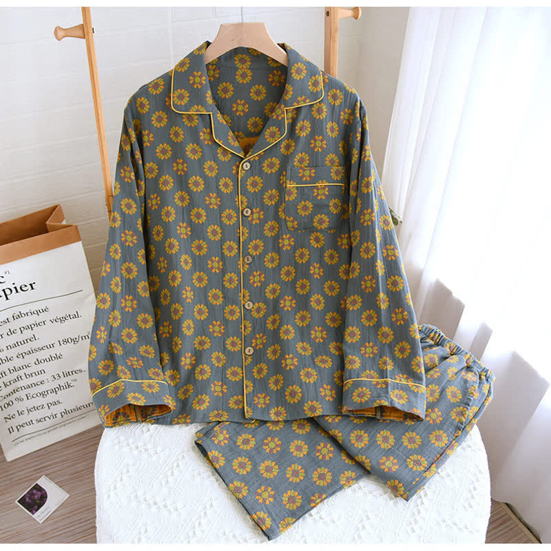 Bomullsnattkläder | Nattklädes-Set Med Reverskrage & Solrosmönster – Komfortabla Pyjamas För Kvinnor
