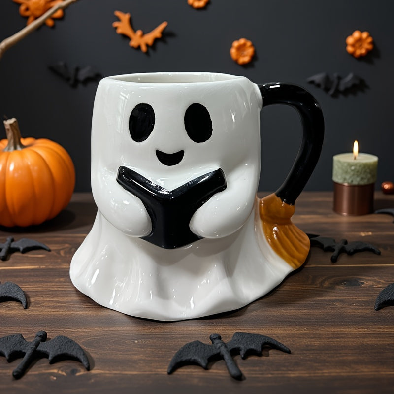 Halloweenmugg i Keramik med Spökdesign | Rund 280 ml Mugg med Spöke som Håller en Bok | För Varma och Kalla Drycker | Olsson