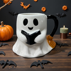 Halloweenmugg i Keramik med Spökdesign | Rund 280 ml Mugg med Spöke som Håller en Bok | För Varma och Kalla Drycker | Olsson