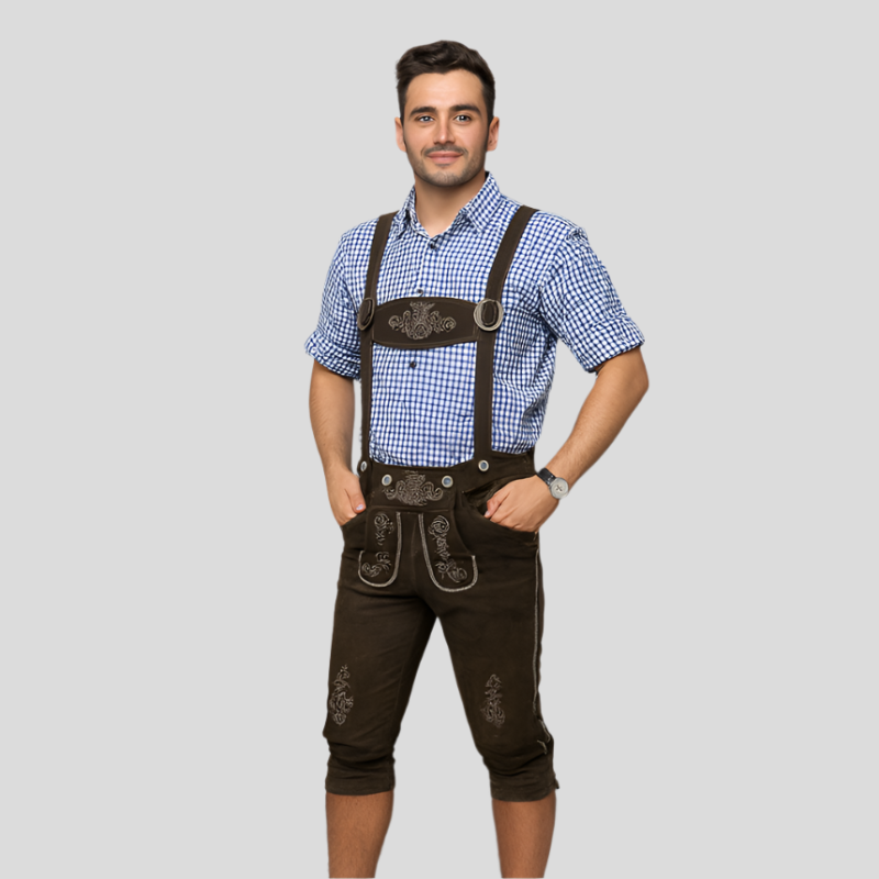 Herr Knälånga Byxor i PU-Läder | Strukturerad Passform med Tryckta Detaljer | Sidofickor för Oktoberfest & Event | Olsson