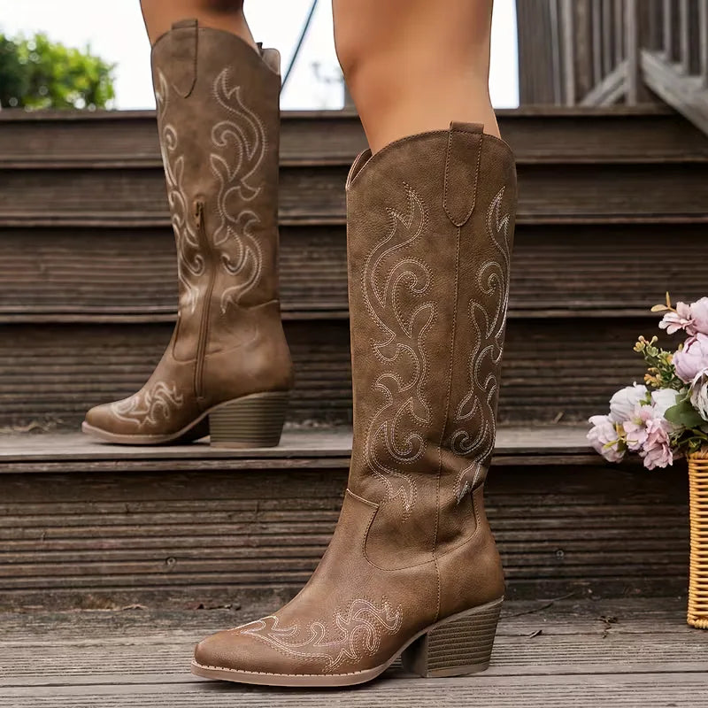 Ankelboots för Dam i PU | Högklackade Boots med Fyrkantig Tå och Sidodragkedja | Geometriskt Mönster för Vardagsbruk | Olsson