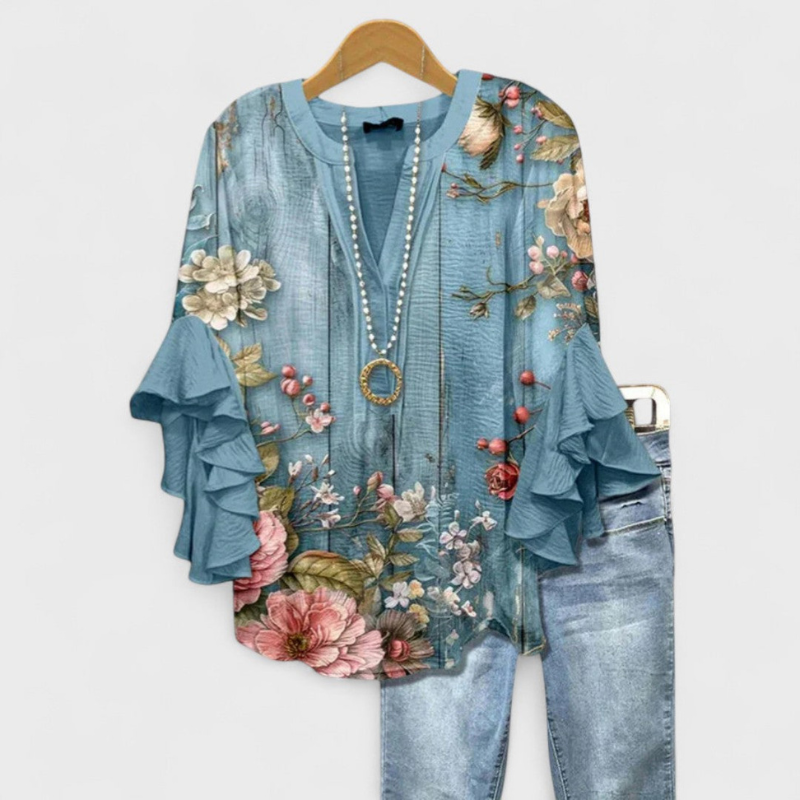Damblus i Polyester | Avslappnad Passform med Flareärmar | Djup V-Ringning i Normal Längd | Olsson