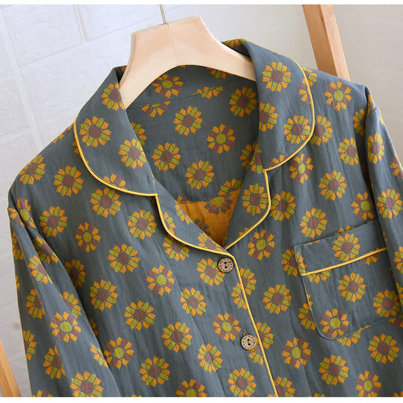 Bomullsnattkläder | Nattklädes-Set Med Reverskrage & Solrosmönster – Komfortabla Pyjamas För Kvinnor