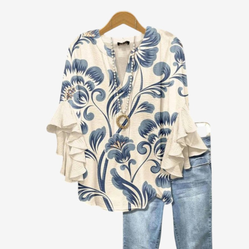 Damblus i Polyester | Avslappnad Passform med Flareärmar | Djup V-Ringning i Normal Längd | Olsson
