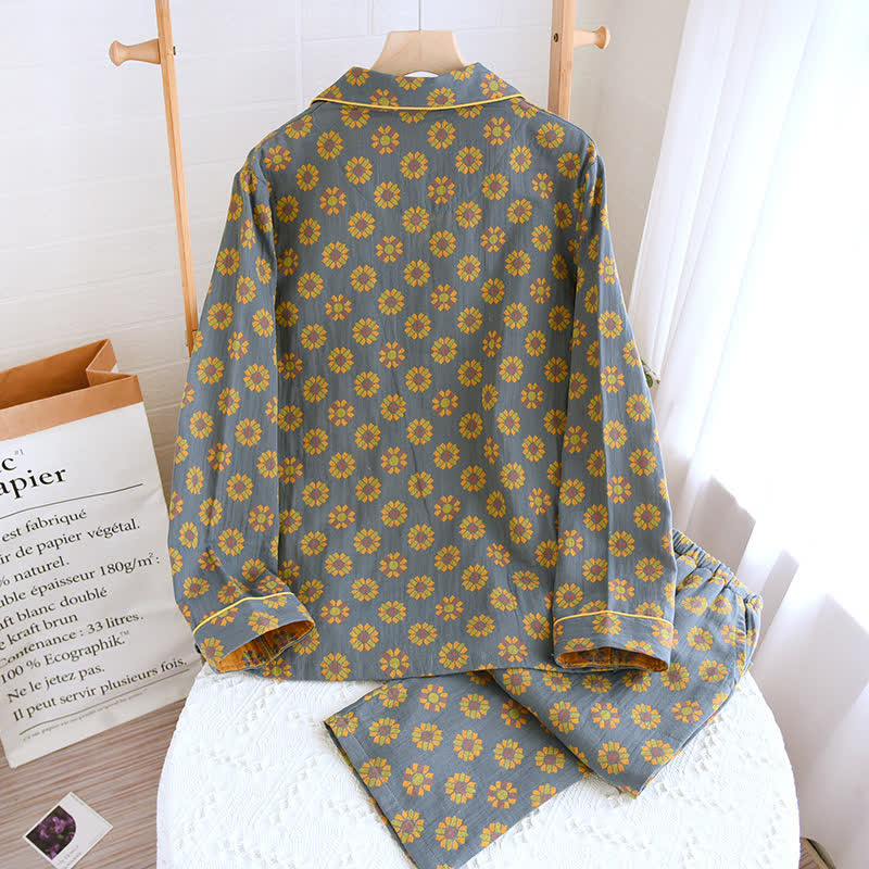 Bomullsnattkläder | Nattklädes-Set Med Reverskrage & Solrosmönster – Komfortabla Pyjamas För Kvinnor