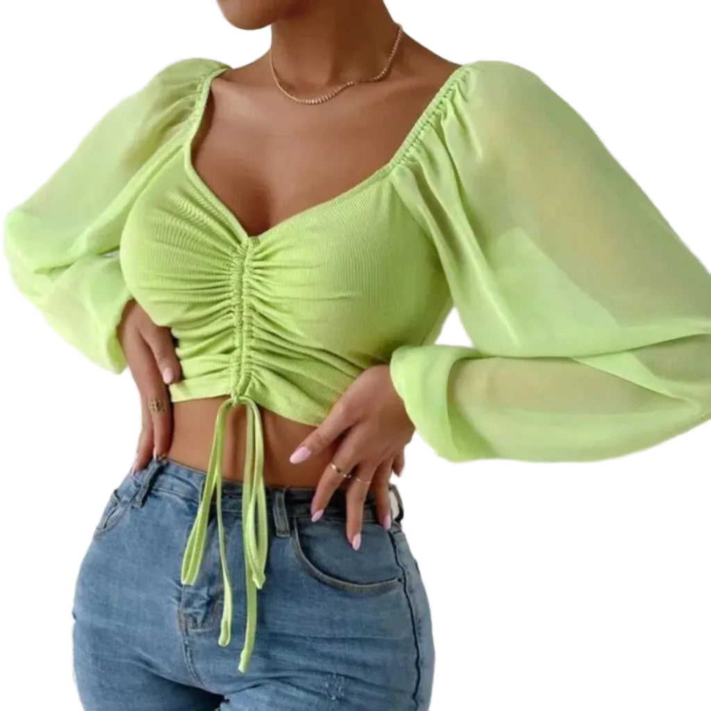 V-Ringad Chiffonblus – Långärmad Enfärgad Blus För Kvinnor
