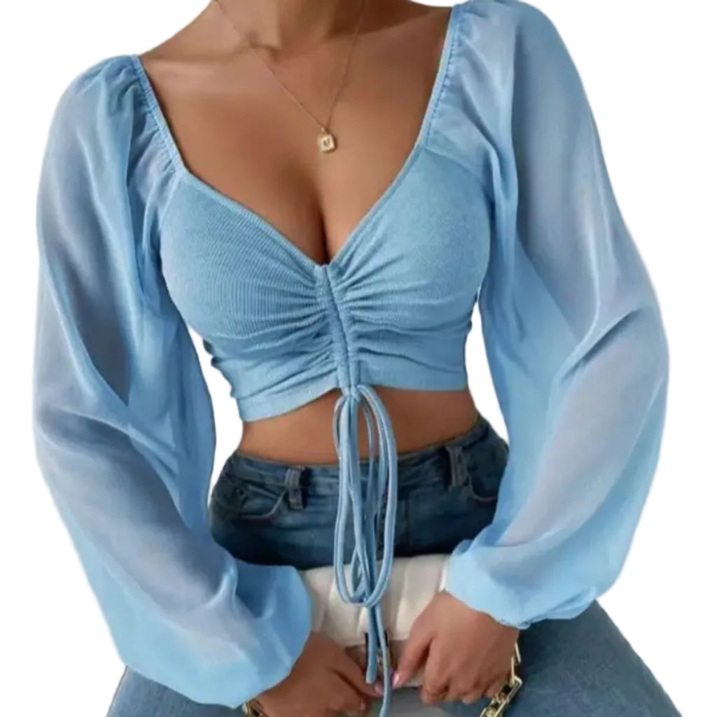 V-Ringad Chiffonblus – Långärmad Enfärgad Blus För Kvinnor