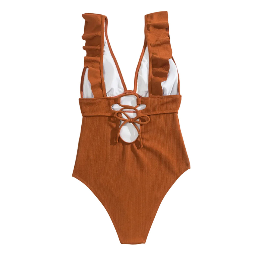 Dam Baddräkt - Polyester Baddräkt Med Volangdetaljer Och Bindband