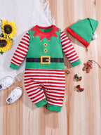 Baby Elf Romper i Bomull | Normal Passform Långärmad Randig Romper med Tryckknappar | Halloweenkostym med Hatt | Olsson