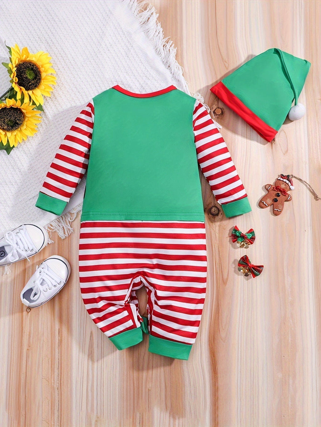 Baby Elf Romper i Bomull | Normal Passform Långärmad Randig Romper med Tryckknappar | Halloweenkostym med Hatt | Olsson