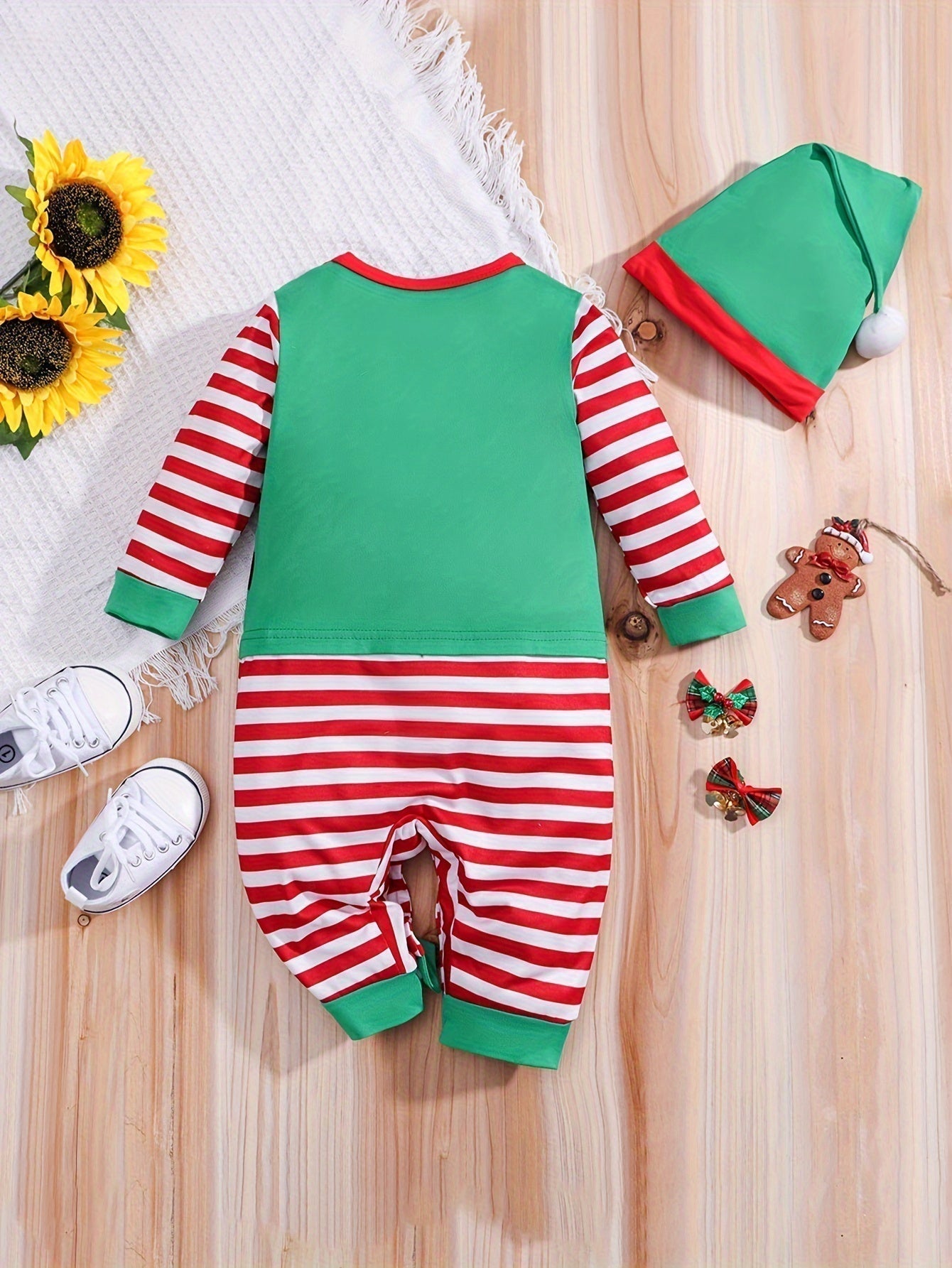Baby Elf Romper i Bomull | Normal Passform Långärmad Randig Romper med Tryckknappar | Halloweenkostym med Hatt | Olsson