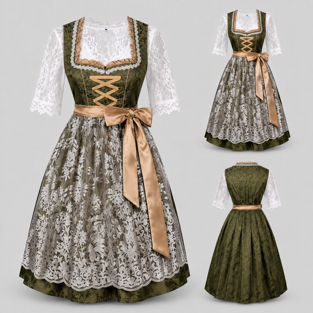 Dam Dirndl-Klänning i Bomullsblandning | Figursytt Liv & Blomsterrosett | Knälång Outfit för Oktoberfest & Festivaler | Olsson