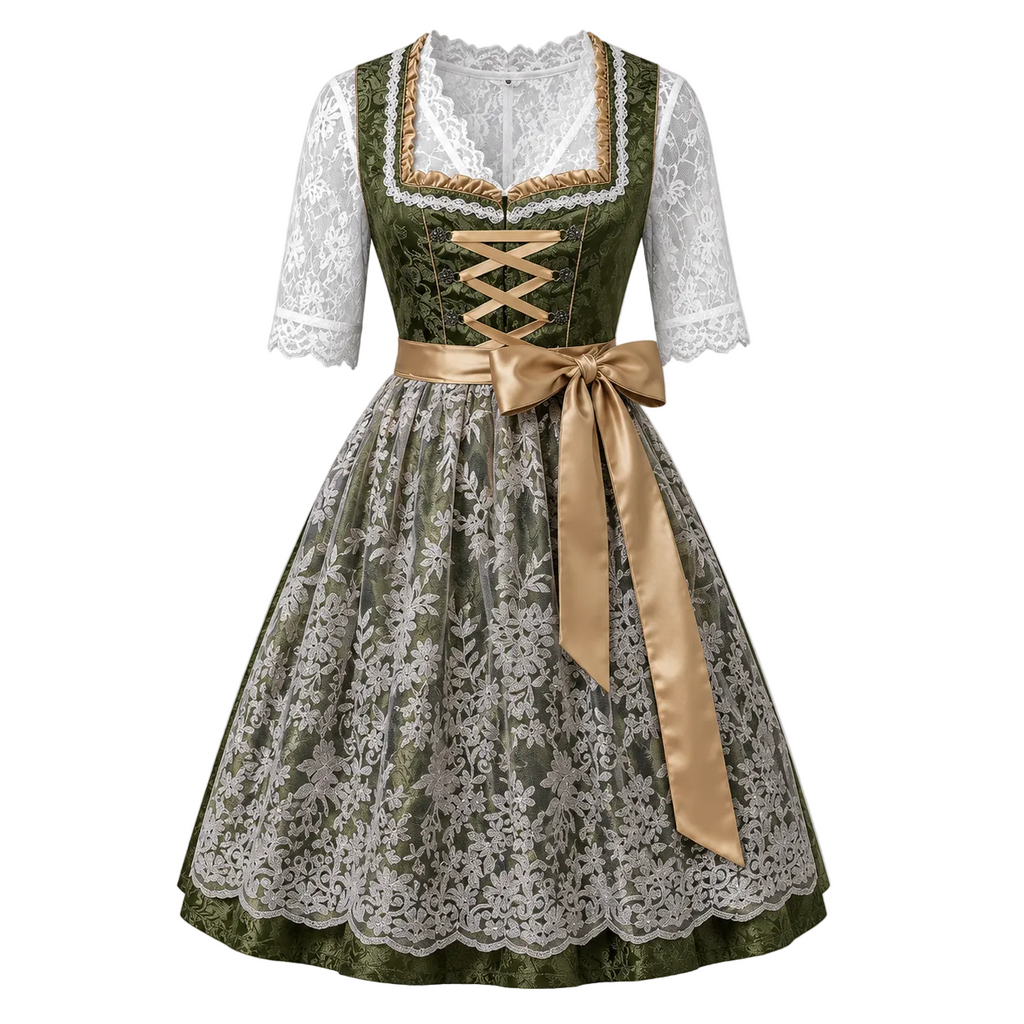 Dam Dirndl-Klänning i Bomullsblandning | Figursytt Liv & Blomsterrosett | Knälång Outfit för Oktoberfest & Festivaler | Olsson