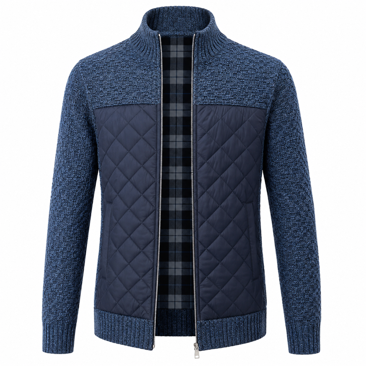 Herr Rutig Pullover | Slim Fit & Knappstängning | Långärmad Stickad Topp med Krage & Framfickor för Fritid & Smart-Casual | Olsson