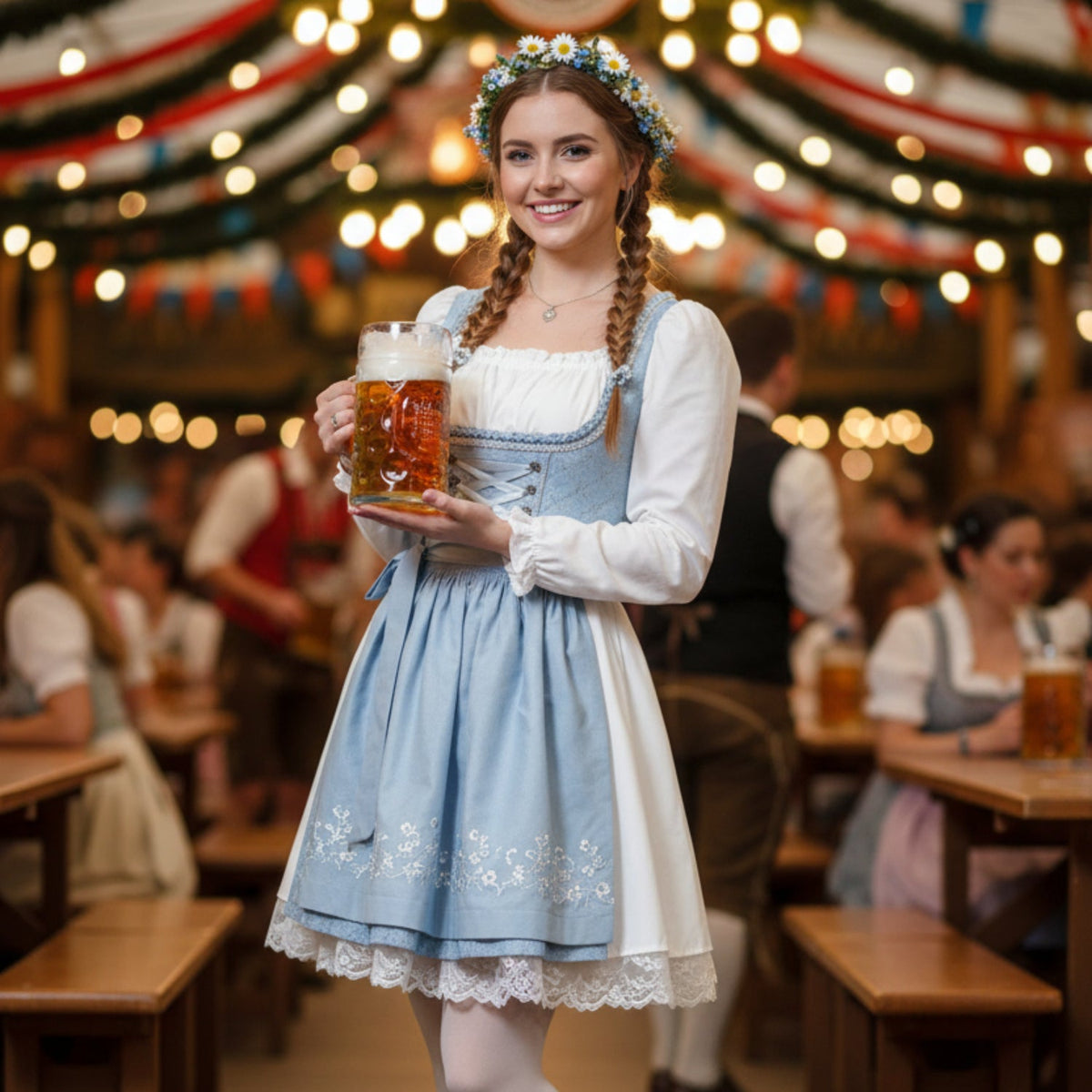 Dam Traditionell Klänning i Bomull | Puffärmar & Justerbar Snörning i Midjan | Festklänning Till Oktoberfest & Evenemang | Olsson