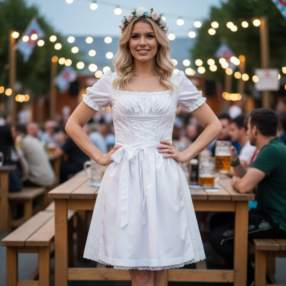 Dam Traditionell Klänning i Bomull | Puffärmar & Justerbar Snörning i Midjan | Festklänning Till Oktoberfest & Evenemang | Olsson