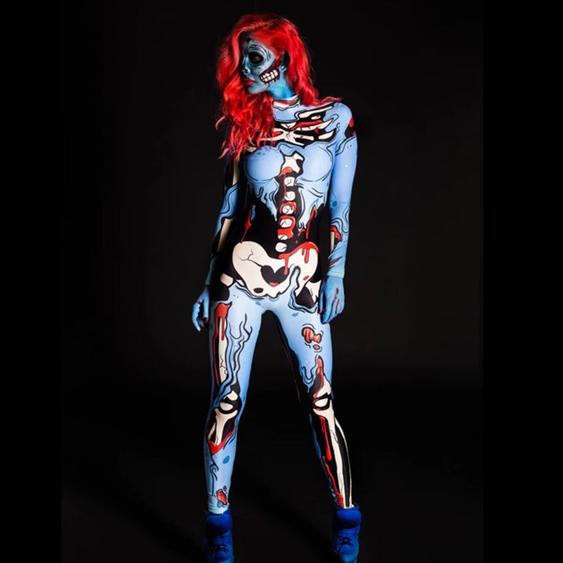 Skelettkostym för Dam i Elastisk Polyester | Kroppsnära Helkroppsdesign | Färgglatt Skeletttryck för Halloween & Karneval | Olsson