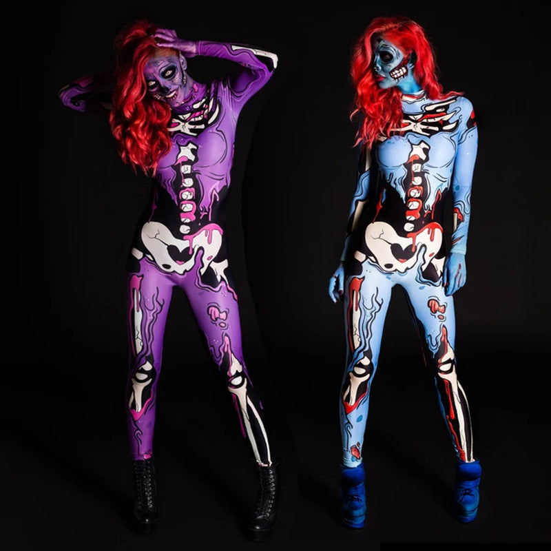 Skelettkostym för Dam i Elastisk Polyester | Kroppsnära Helkroppsdesign | Färgglatt Skeletttryck för Halloween & Karneval | Olsson