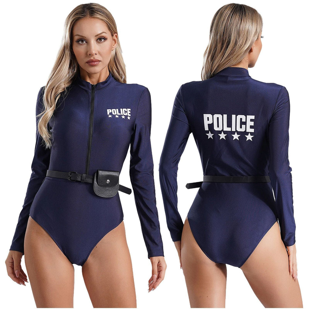 Dam Poliskostym i Polyester | Figurnära Långärmad Design med Frontdragkedja | Kostym med Bälte & Ficka för Halloween & Karneval | Olsson