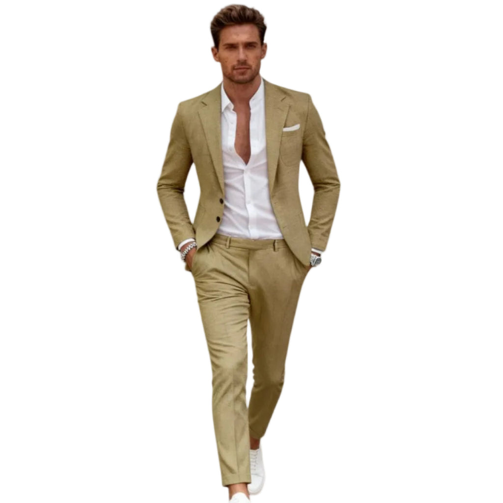 Herr 2-Delad Kostym i Linne | Slim Fit-Kavaj med Slagkrage | Matchande Flat-Front-Byxor för Evenemang & Formella Tillfällen | Olsson