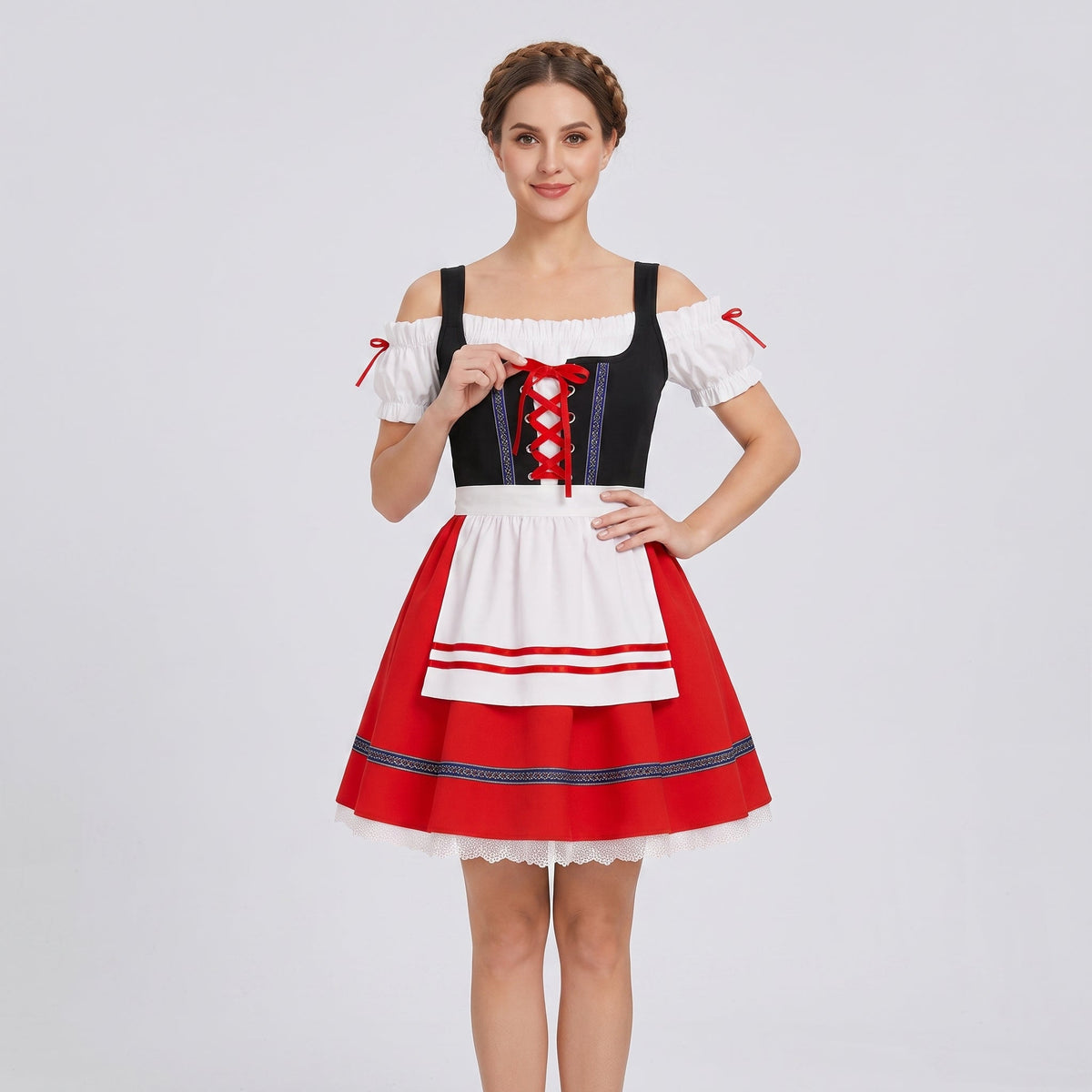Dam Dirndl-Klänning i Polyester | Spetskant & Matchande Förkläde | Bayerskt Inspirerad Festkostym för Oktoberfest | Olsson