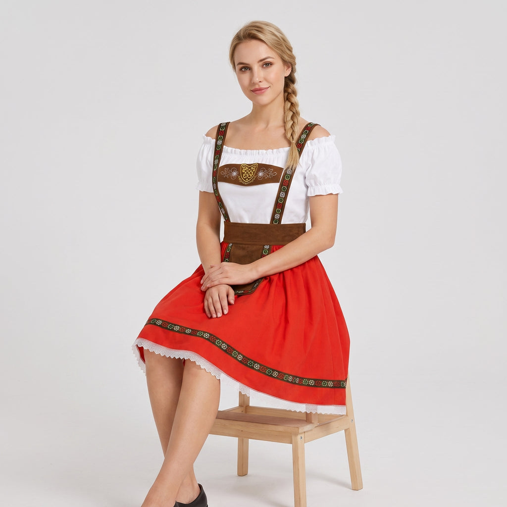 Dam Dirndl-Klänning i Polyester | Carmen-Hals & Puffärmar | Spets- & Guldfärgade Detaljer för Oktoberfest | Olsson