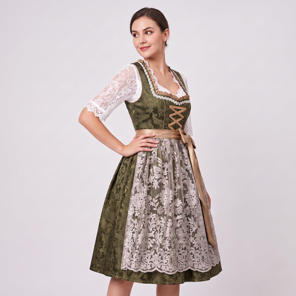 Dam Dirndl-Klänning i Bomullsblandning | Figursytt Liv & Blomsterrosett | Knälång Outfit för Oktoberfest & Festivaler | Olsson