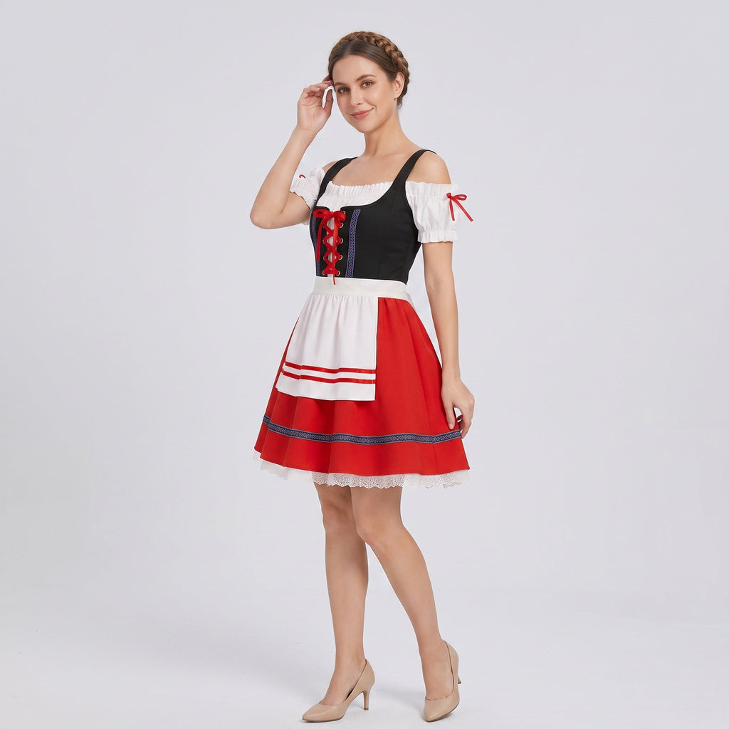 Dam Dirndl-Klänning i Polyester | Spetskant & Matchande Förkläde | Bayerskt Inspirerad Festkostym för Oktoberfest | Olsson