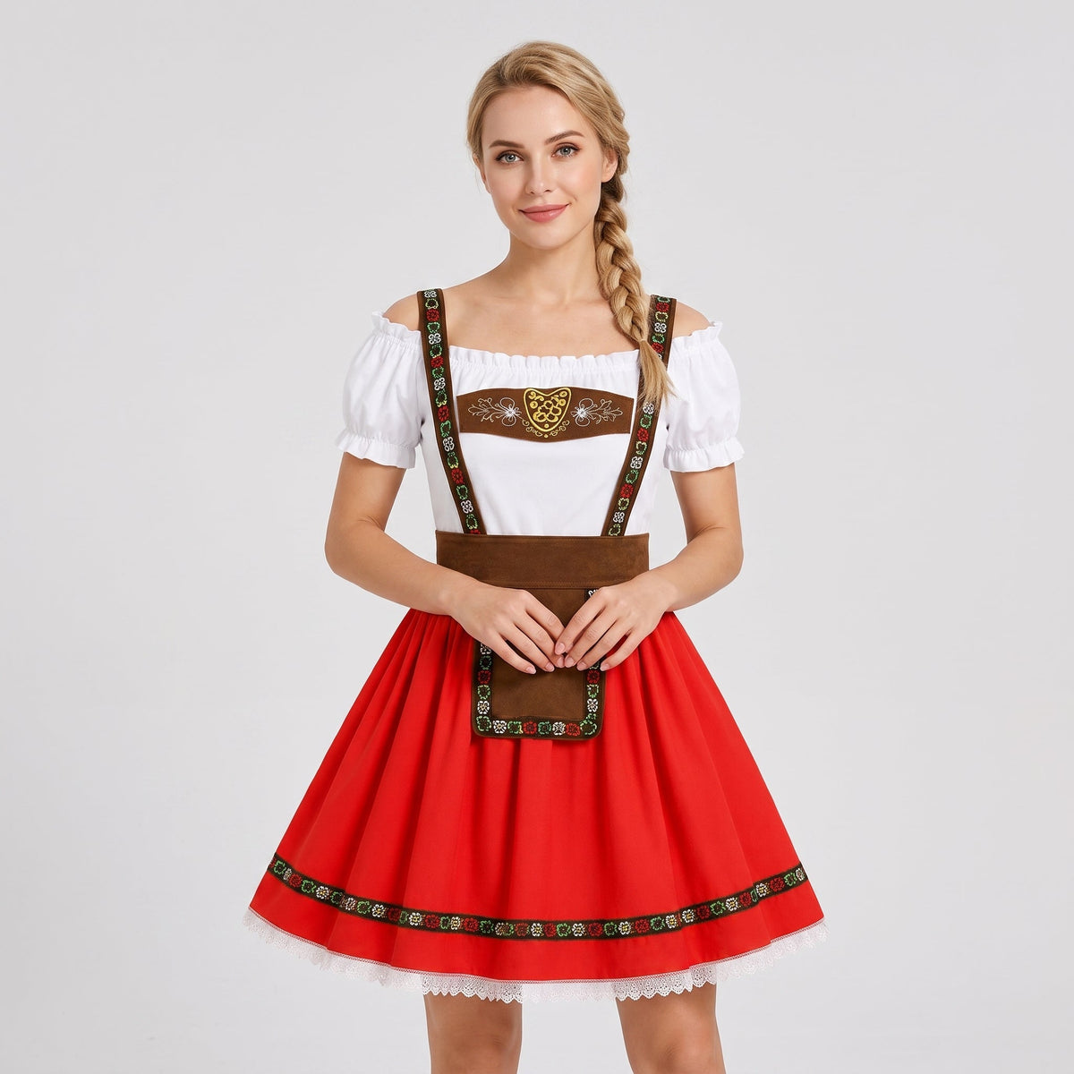 Dam Dirndl-Klänning i Polyester | Carmen-Hals & Puffärmar | Spets- & Guldfärgade Detaljer för Oktoberfest | Olsson