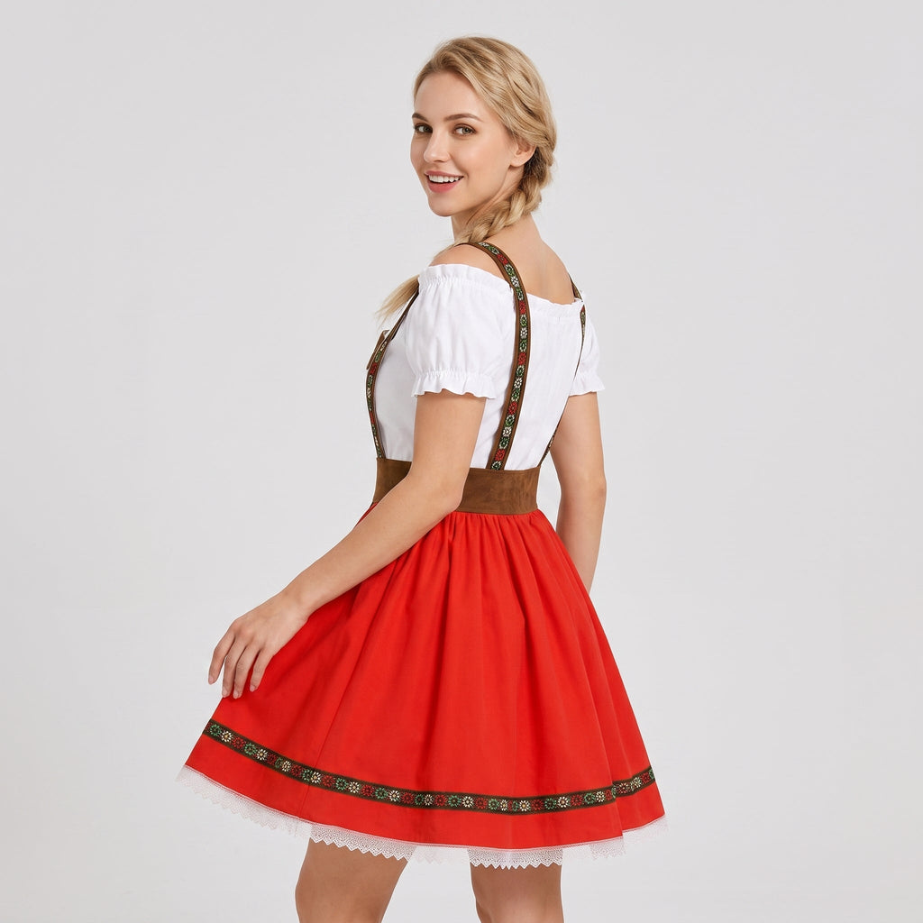 Dam Dirndl-Klänning i Polyester | Carmen-Hals & Puffärmar | Spets- & Guldfärgade Detaljer för Oktoberfest | Olsson