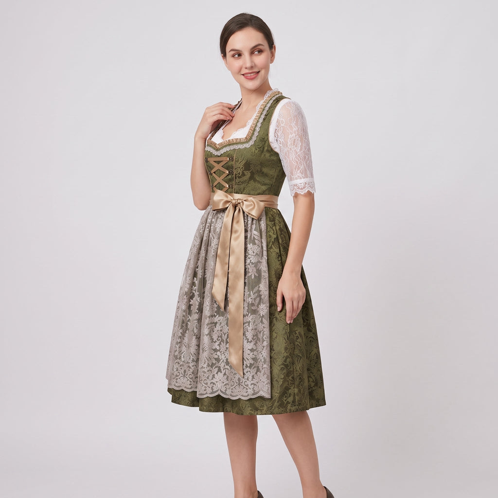 Dam Dirndl-Klänning i Bomullsblandning | Figursytt Liv & Blomsterrosett | Knälång Outfit för Oktoberfest & Festivaler | Olsson
