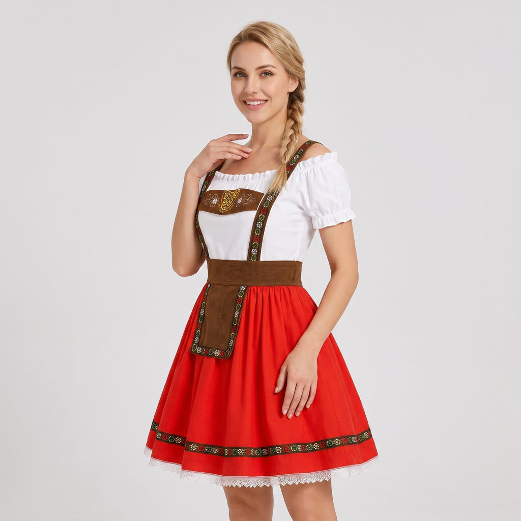 Dam Dirndl-Klänning i Polyester | Carmen-Hals & Puffärmar | Spets- & Guldfärgade Detaljer för Oktoberfest | Olsson