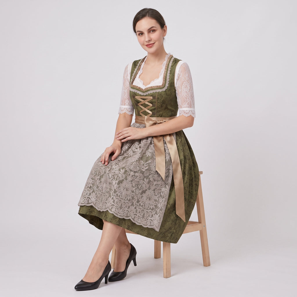 Dam Dirndl-Klänning i Bomullsblandning | Figursytt Liv & Blomsterrosett | Knälång Outfit för Oktoberfest & Festivaler | Olsson