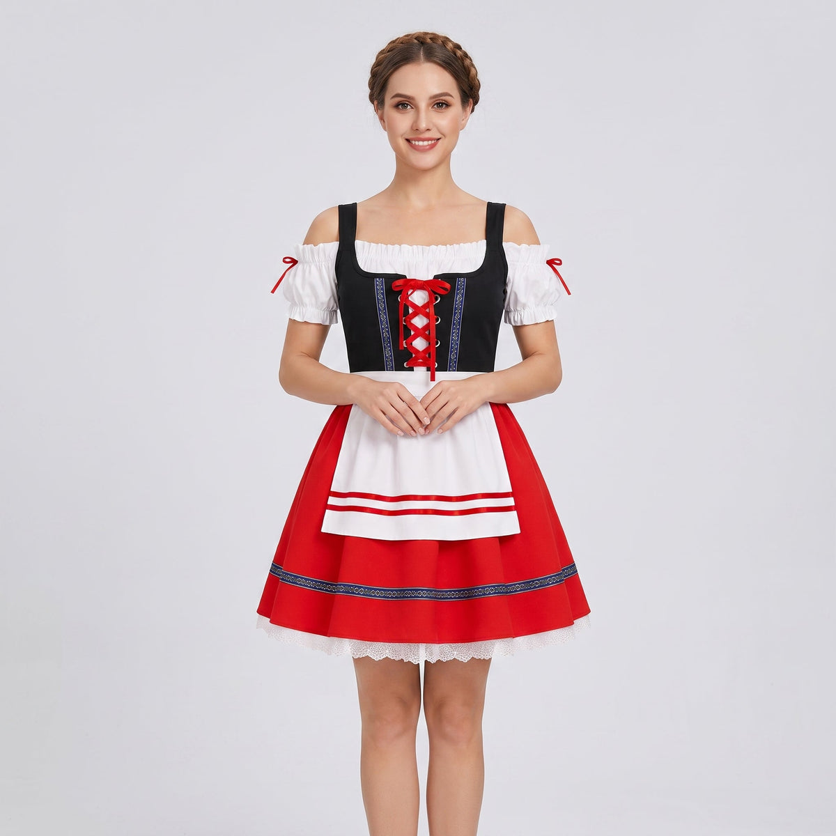 Dam Dirndl-Klänning i Polyester | Spetskant & Matchande Förkläde | Bayerskt Inspirerad Festkostym för Oktoberfest | Olsson