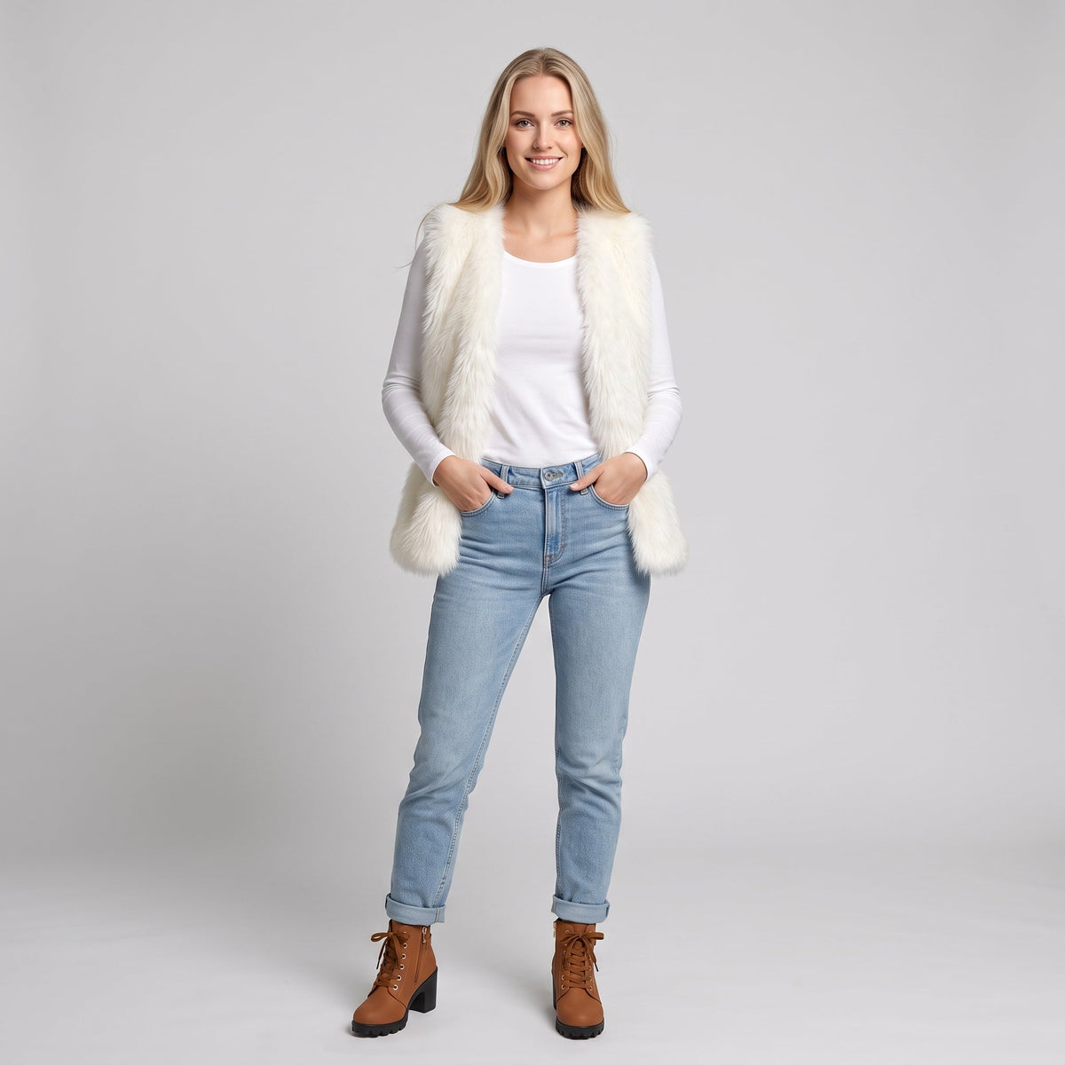 Dam Fuskpälsväst i Polyester | Lös Passform & Öppen Front | Ärmlös Väst för Höst, Vinter & Vardagliga Lagerlooks | Olsson