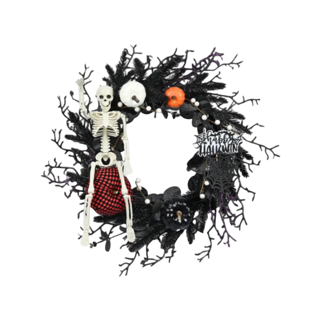 Halloweenkrans i Plast | Hängande Skelett- och Pumpadekoration | För Dörr Vägg & Täckt Utomhusmiljö | Olsson
