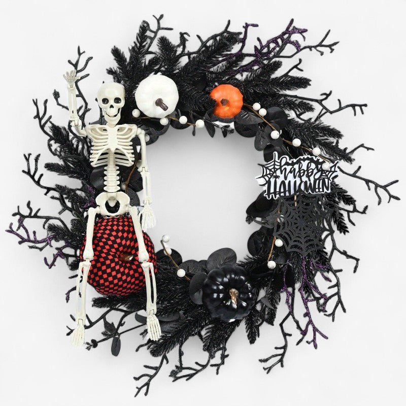 Halloweenkrans i Plast | Hängande Skelett- och Pumpadekoration | För Dörr Vägg & Täckt Utomhusmiljö | Olsson