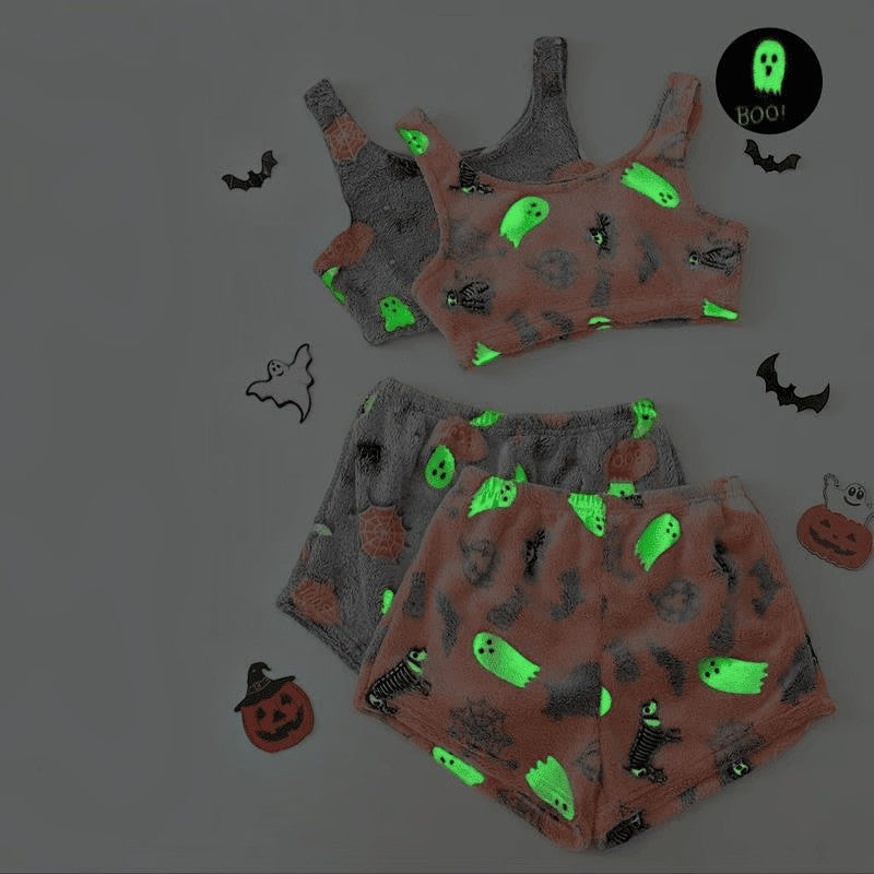 Dam Halloween-Pyjamasset i Polyester | Spöke- & Spindelnätsmönster med Ljuseffekt | Tvådelat Set med Topp & Shorts | Olsson