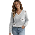 Dam Pullover i Polyester | V-Ringning & Blombroderi | Långärmad Pull-On-Tröja för Vardag, Fritid & Lager-På-Lager | Olsson