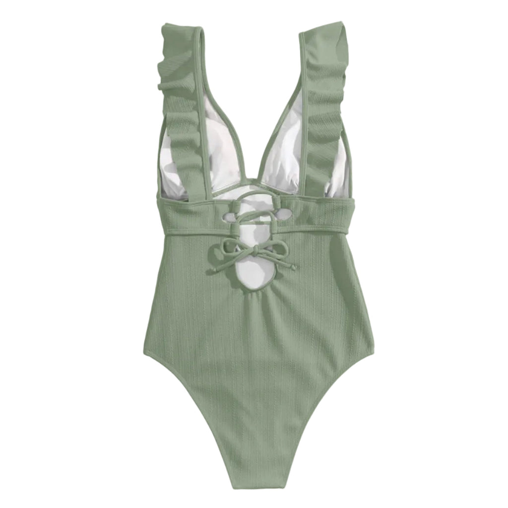 Dam Baddräkt - Polyester Baddräkt Med Volangdetaljer Och Bindband