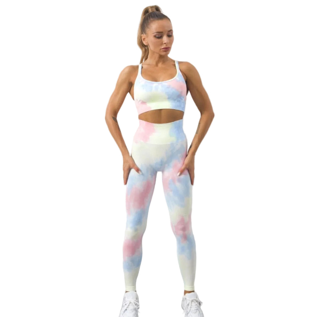 Tie-dye-Träningsset utan Sömmar – Tvådelat Set med Hög Midja